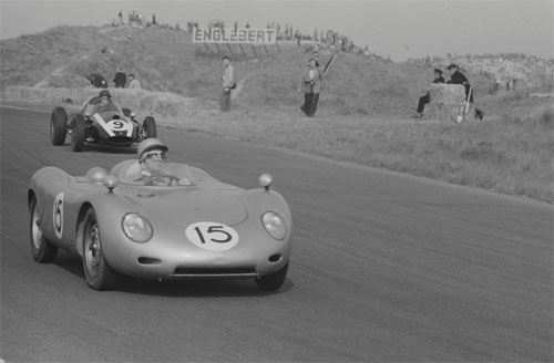 1959 - Carel Godin de Beaufort drives car number 15, a Porsche 718 and Masten Gregory drives car number 9, a Cooper-Climax T51 at Dutch GP