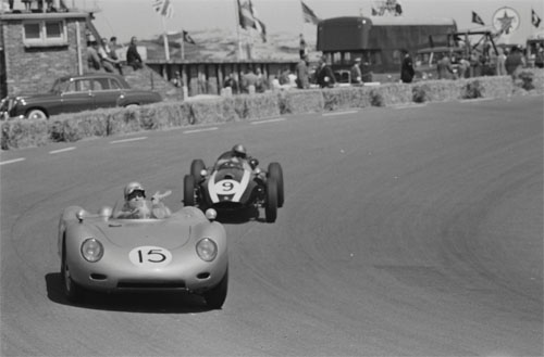 1959 - Carel Godin de Beaufort drives car number 15, a Porsche 718 and Masten Gregory drives car number 9, a Cooper-Climax T51 at Dutch GP