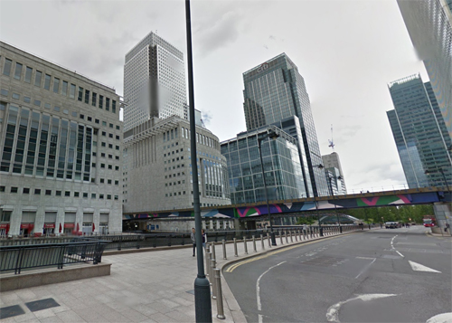 2016 - Bank Street at Middle Dock with view on Reuters Building at Canary Wharf in London, UK (Google Streetview)